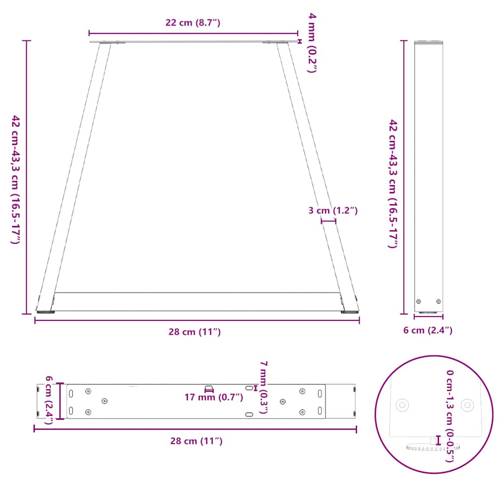 Pieds de table basse en V, 2 pièces, anthracite, 28 x (42-43,3) cm, acier