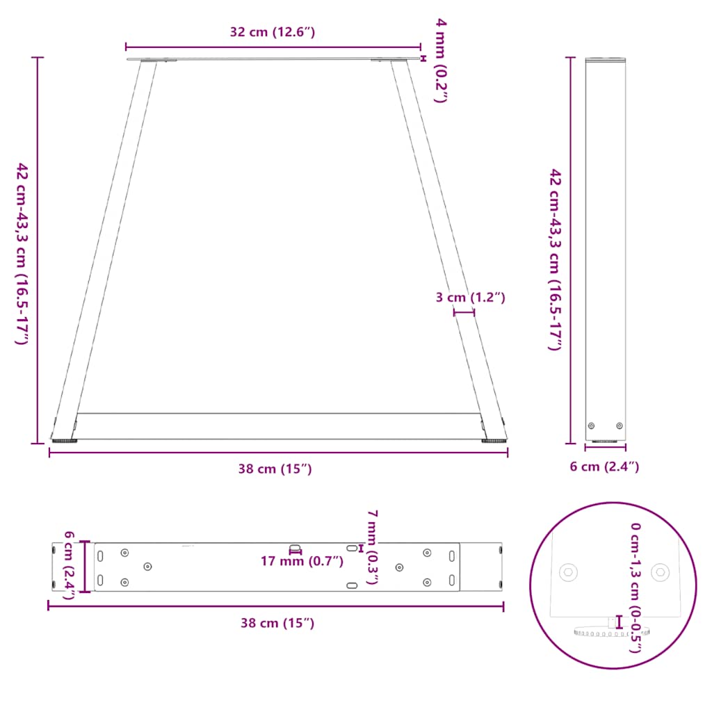 Dining table legs V-shape 2 pieces black 38x(42-43.3) cm steel