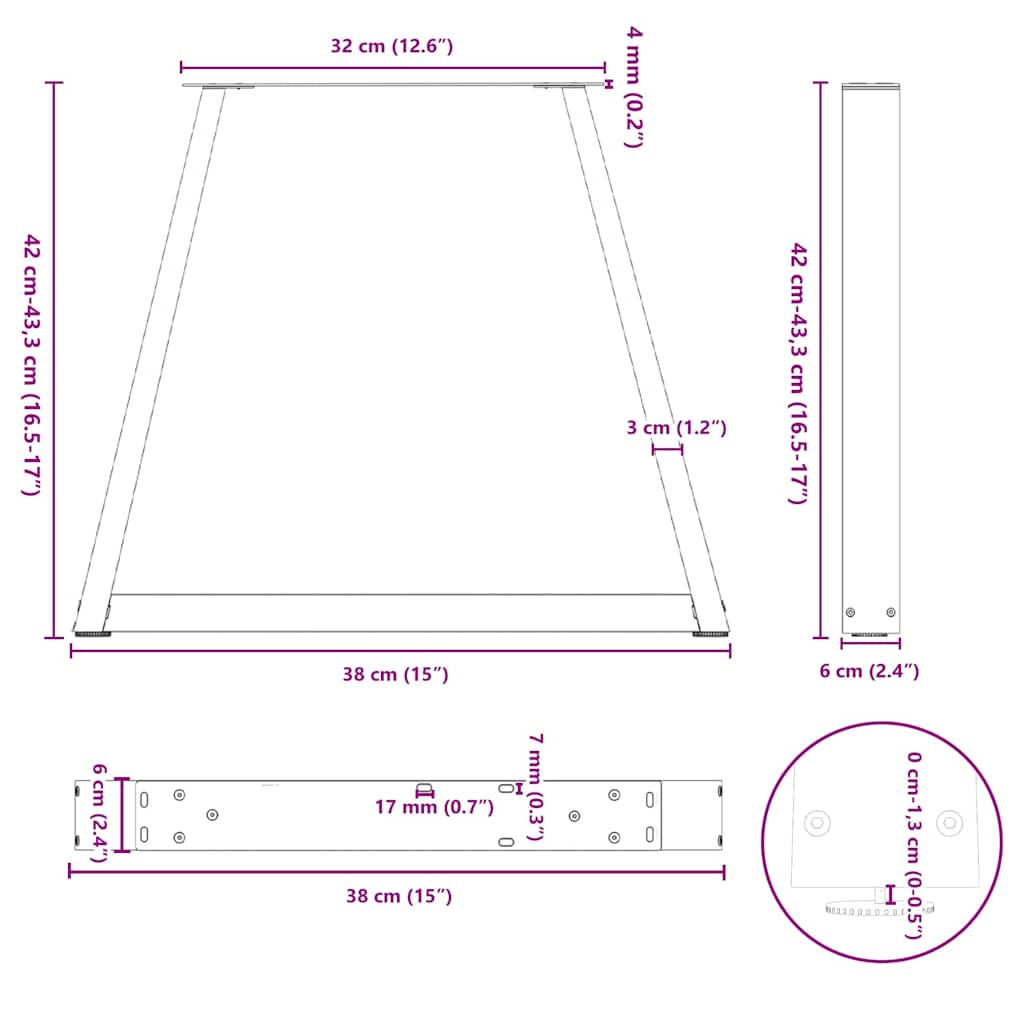 Pieds de table basse en V, 2 pièces, anthracite, 38 x (42-43,3) cm, acier