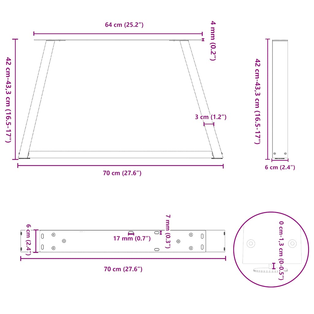 Pieds de table basse en V, 2 pièces, noir, 70 x (42-43,3) cm, acier