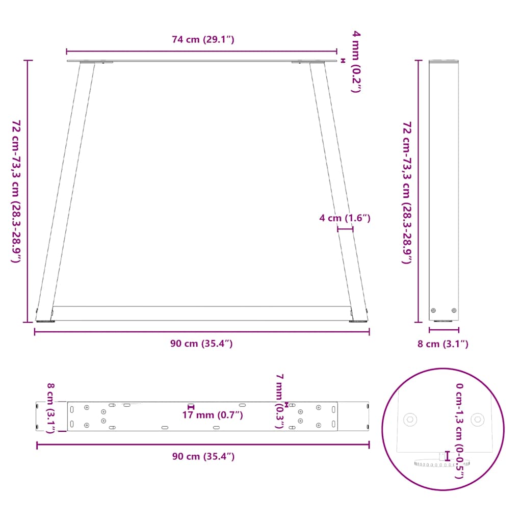 Pieds de table à manger en V, 2 pièces, acier naturel, 90 x (72-73,3) cm