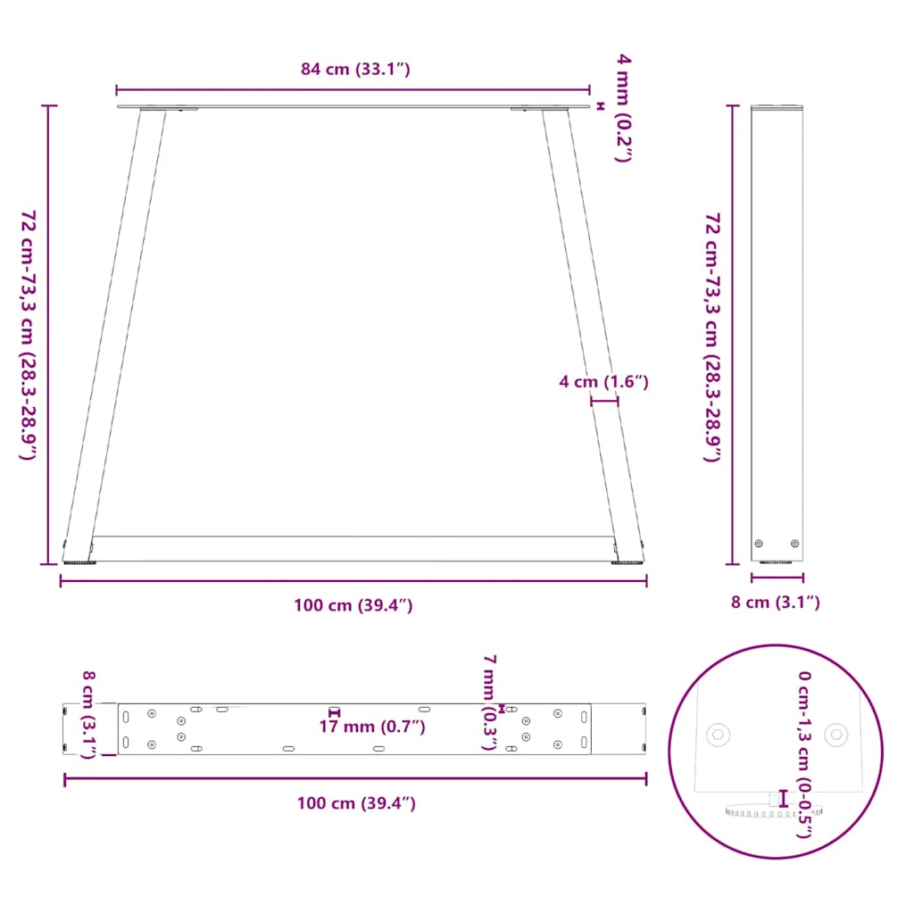 Pieds de table à manger en V, 3 pièces, noir, 100 x (72-73,3) cm, acier