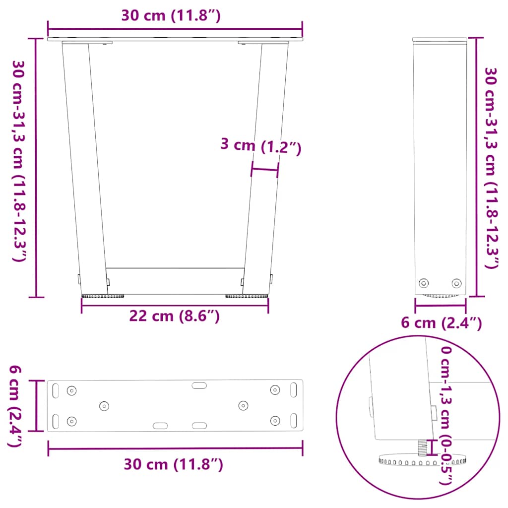 Pieds de table basse en V, 2 pièces, blanc, 30 x (30-31,3) cm, acier