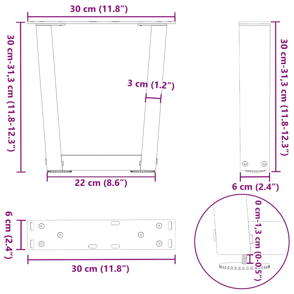 Pieds de table basse en V, 2 pièces, anthracite, 30 x (30-31,3) cm, acier