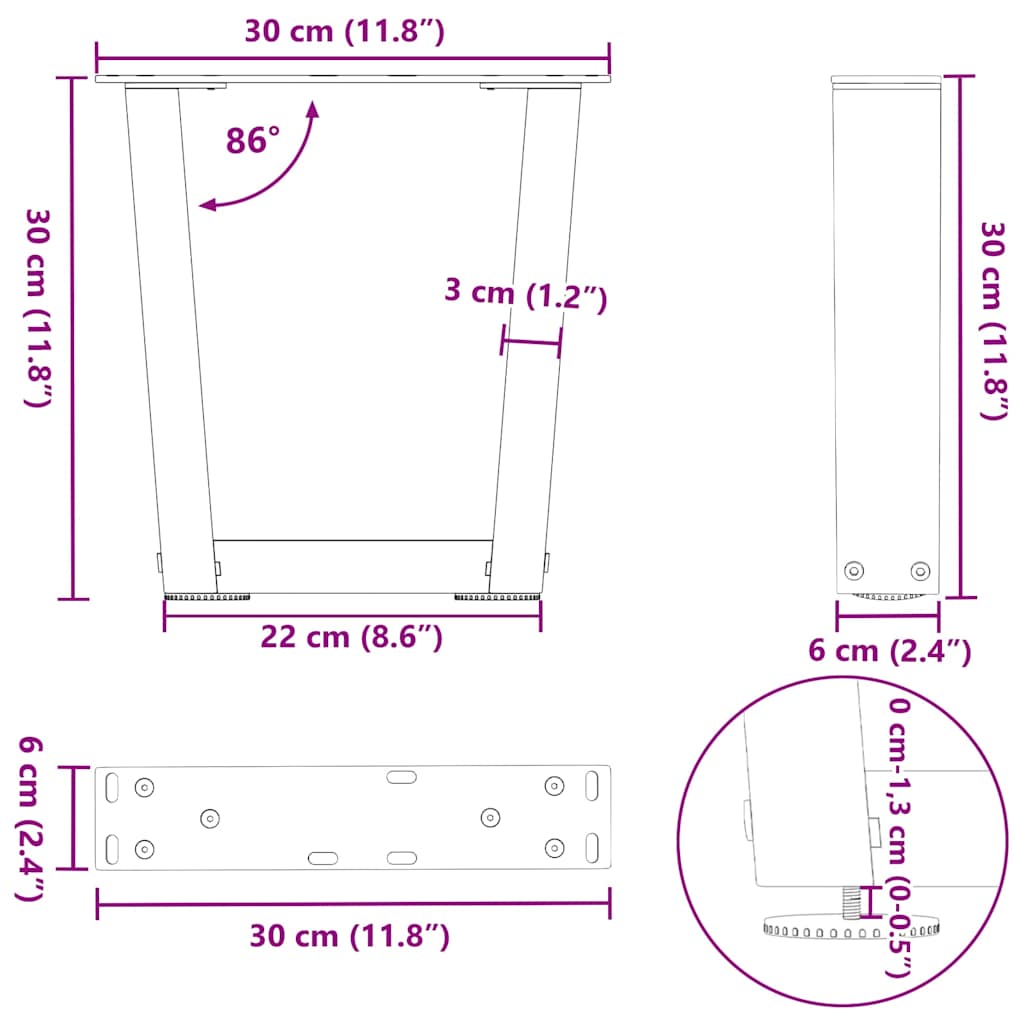 Pieds de table basse en V, 2 pièces, acier naturel, 30 x (30-31,3) cm