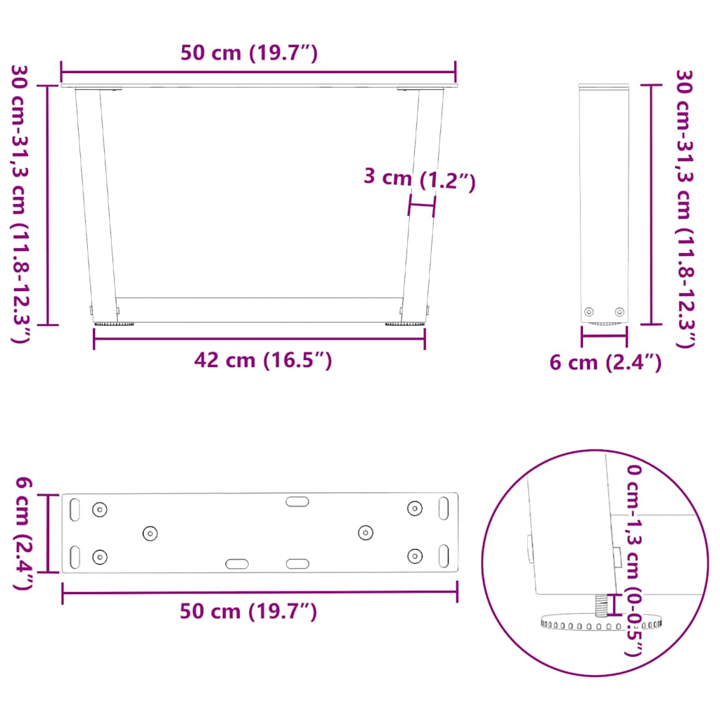 Pieds de table basse en V, 2 pièces, noir, 50 x (30-31,3) cm, acier