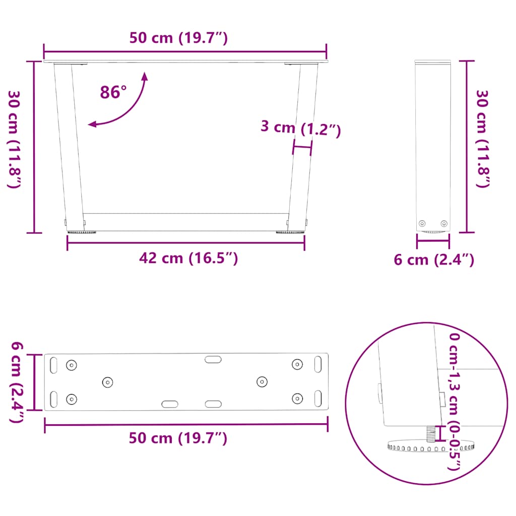 Pieds de table basse en V, 2 pièces, acier naturel, 50 x (30-31,3) cm