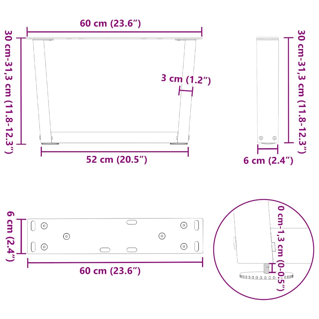 Pieds de table basse en V, 2 pièces, blanc, 60 x (30-31,3) cm, acier