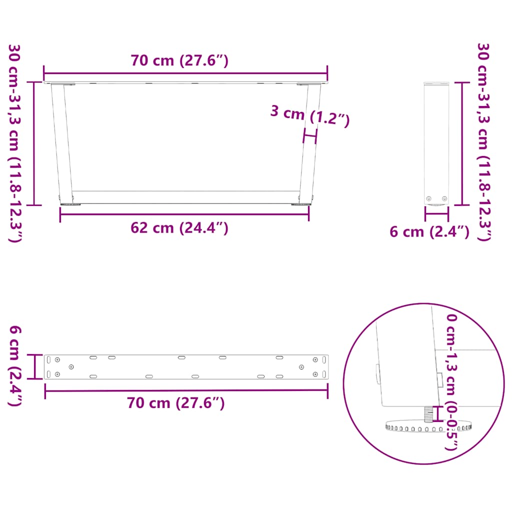 Pieds de table basse en V, 2 pièces, blanc, 70 x (30-31,3) cm, acier