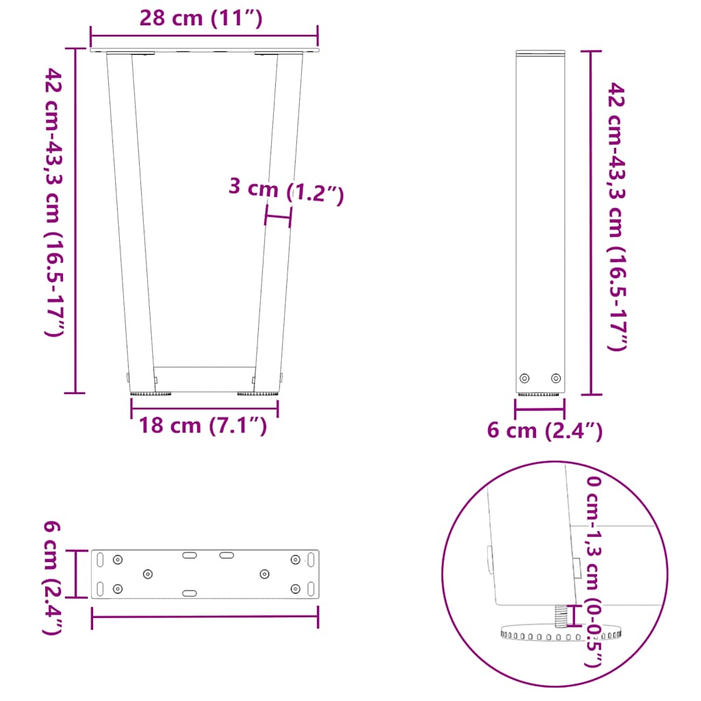 Pieds de table basse en V, 2 pièces, blanc, 28 x (42-43,3) cm, acier