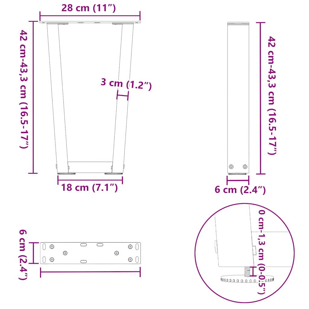 Pieds de table basse en V, 2 pièces, acier naturel, 28 x (42-43,3) cm