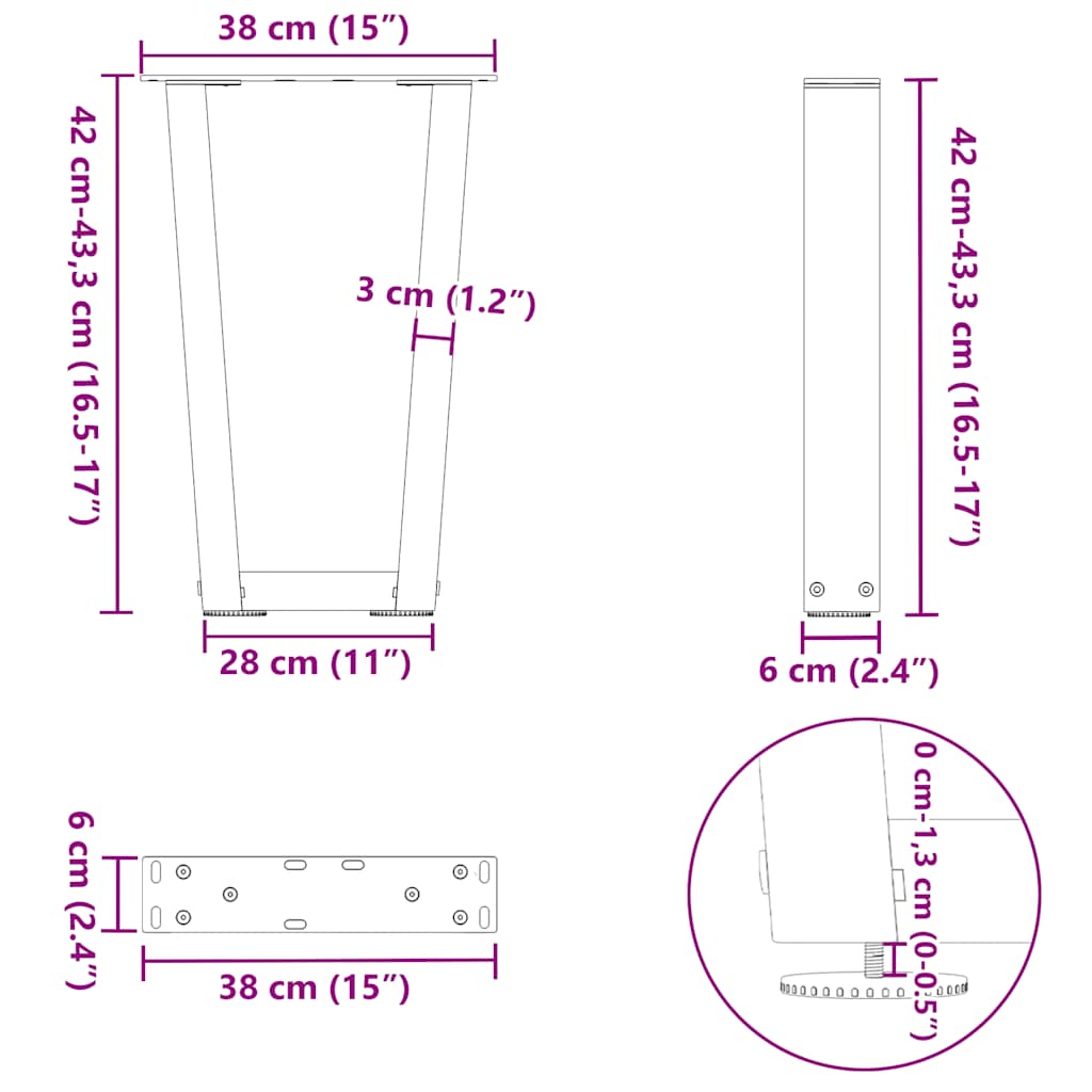 Dining table legs V-shape 2 pieces black 38x(42-43.3) cm steel