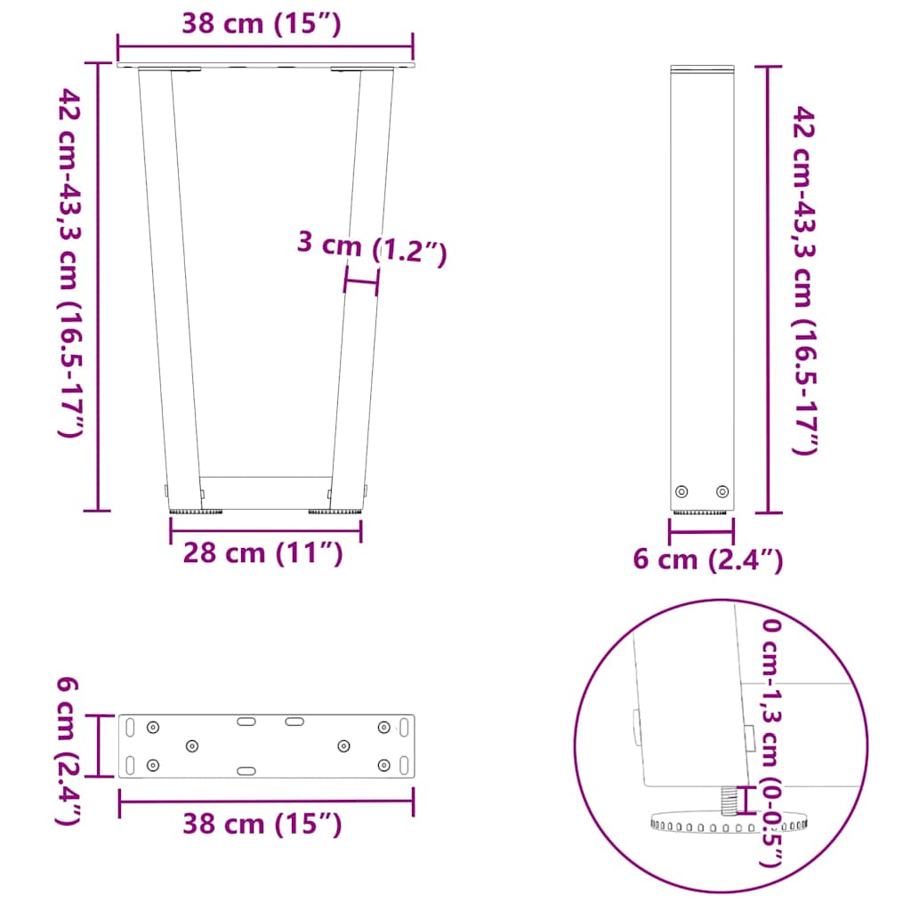 Pieds de table basse en V, 2 pièces, blanc, 38 x (42-43,3) cm, acier