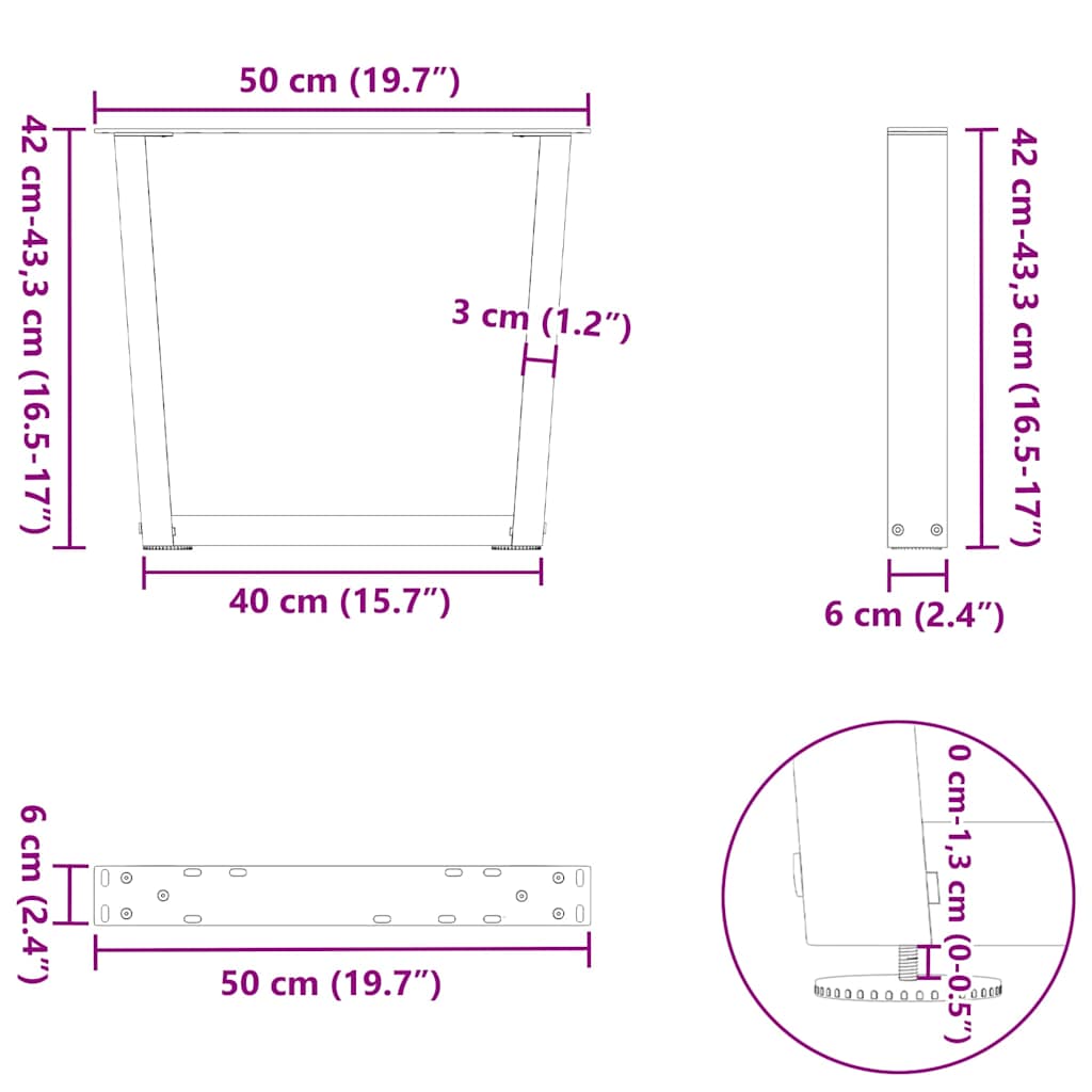 Pieds de table basse en V, 2 pièces, acier naturel, 50 x (42-43,3) cm