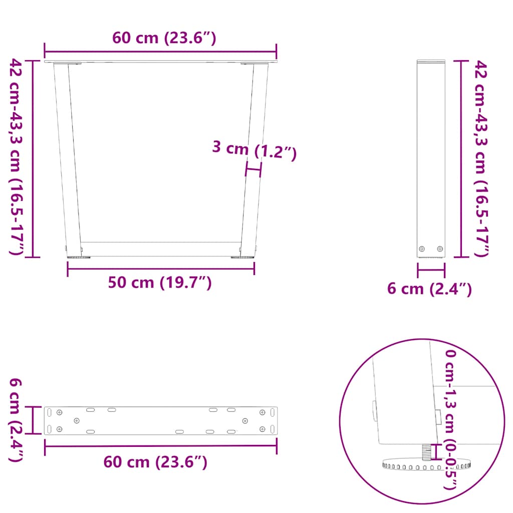 Pieds de table basse en V, 2 pièces, blanc, 60 x (42-43,3) cm, acier