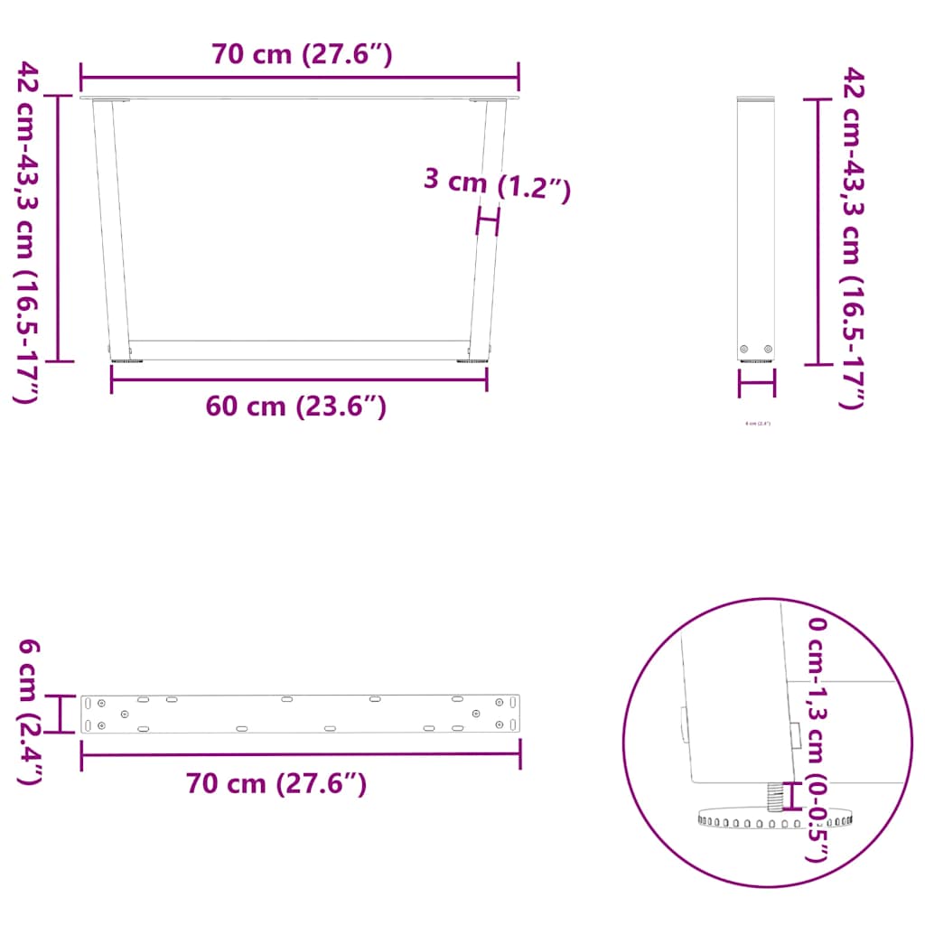 Pieds de table basse en V, 2 pièces, blanc, 70 x (42-43,3) cm, acier
