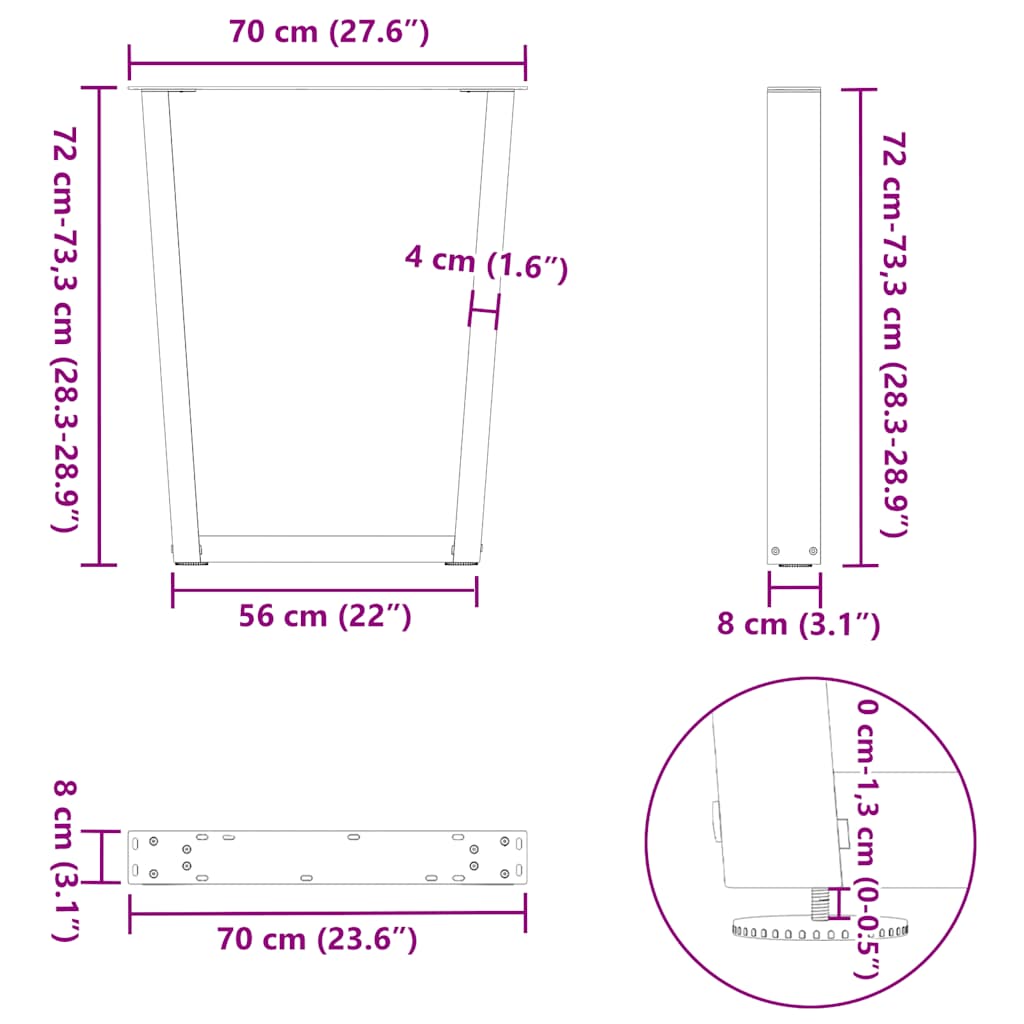 Dining table legs V-shape 2 pieces black 70x(72-73.3) cm steel