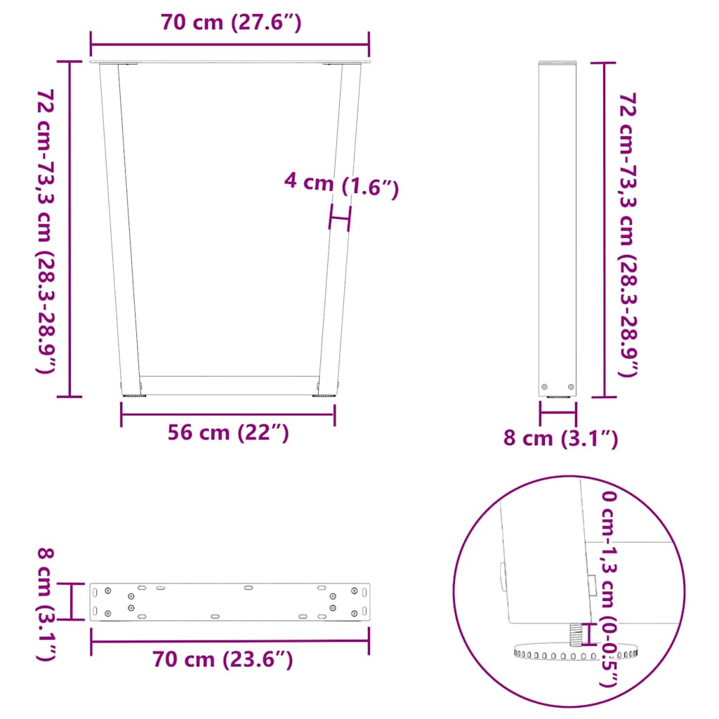 Pieds de table à manger en V, 2 pièces, blanc, 70 x (72-73,3) cm, acier