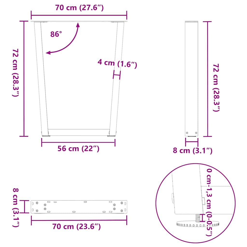 Pieds de table à manger en V, 2 pièces, anthracite, 70 x (72-73,3) cm, acier