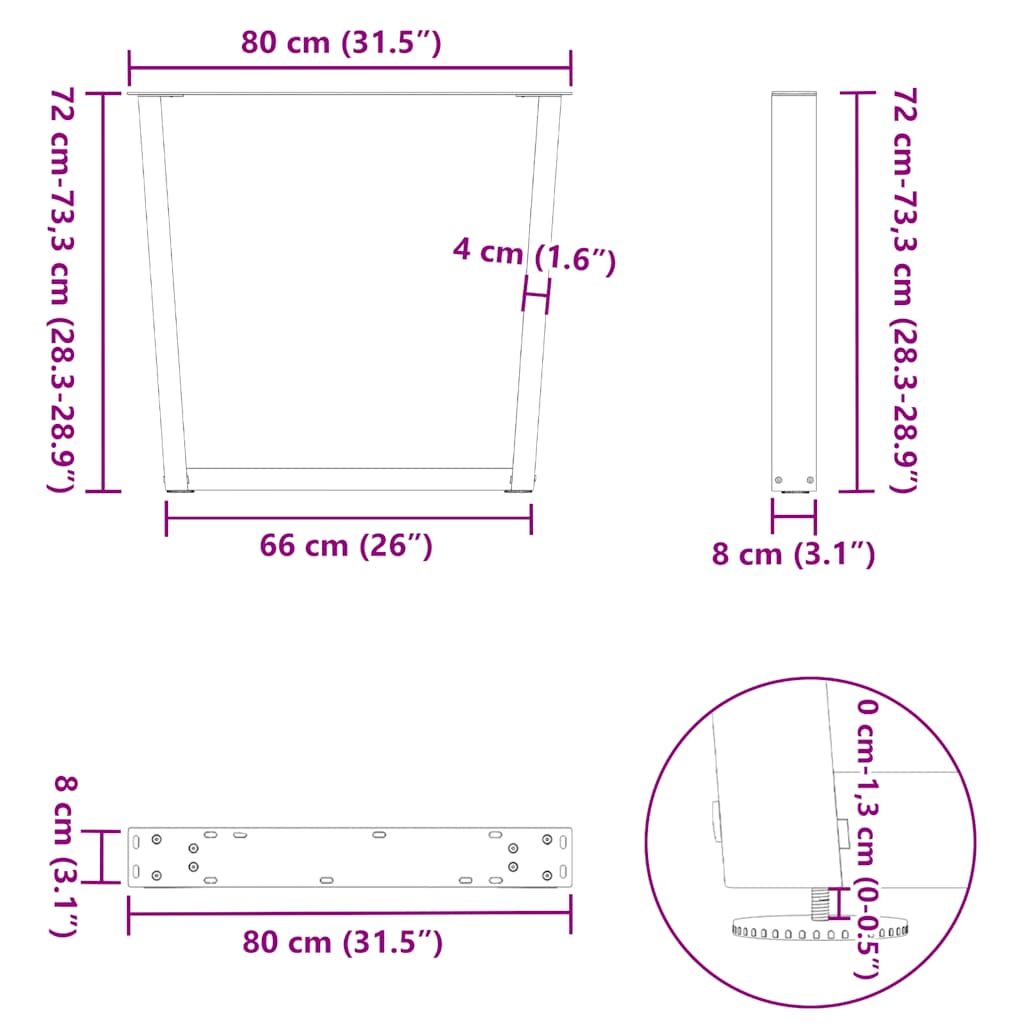 Pieds de table à manger en V, 2 pièces, blanc, 80 x (72-73,3) cm, acier