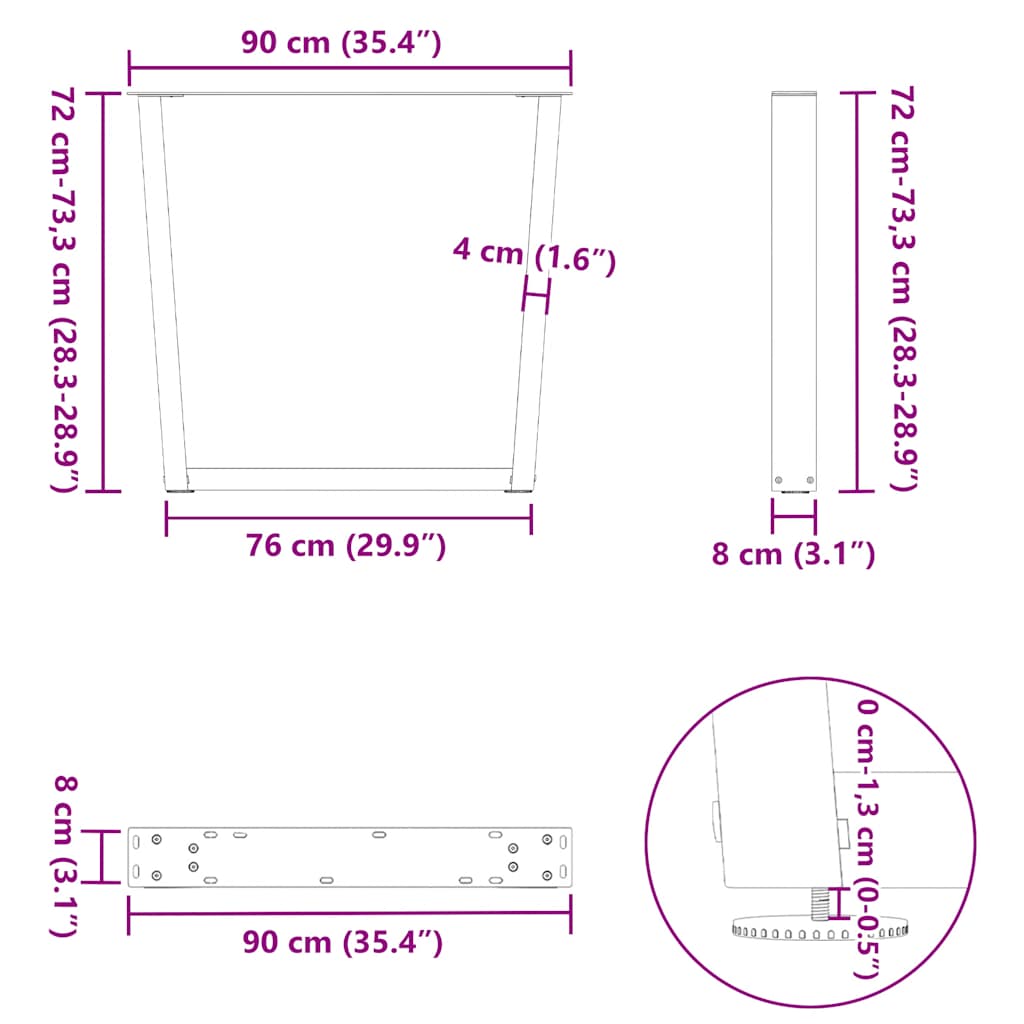 Pieds de table à manger en V, 2 pièces, acier naturel, 90 x (72-73,3) cm