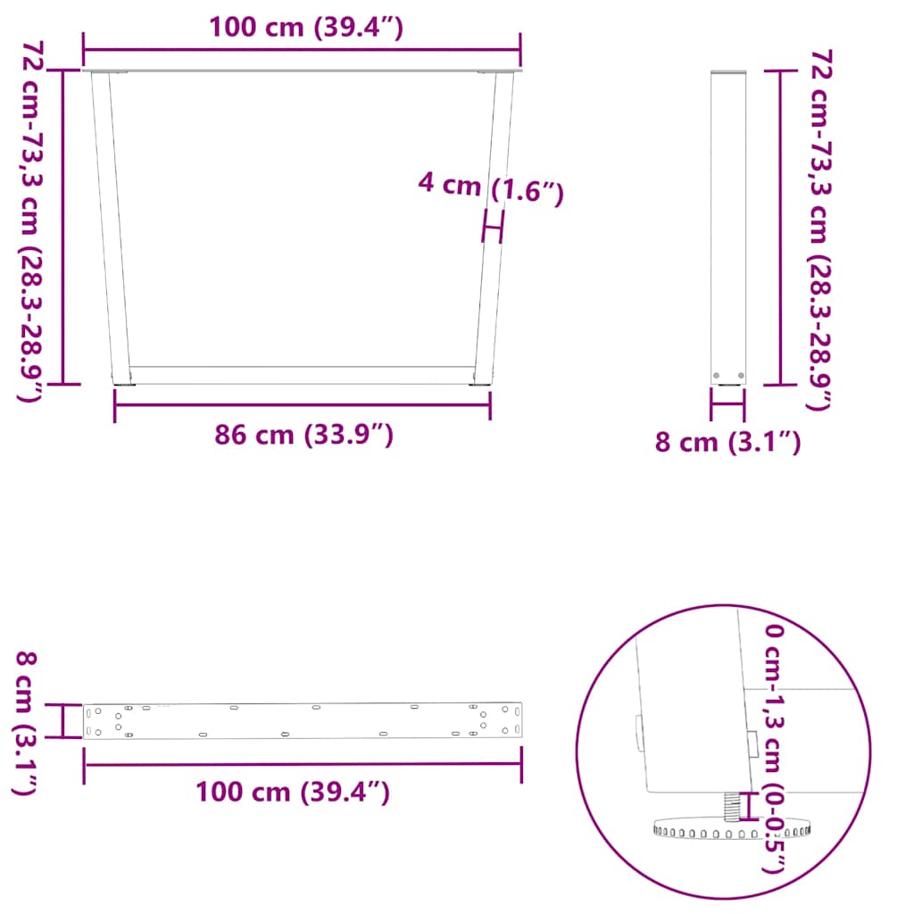 Pieds de table à manger en V, 2 pièces, noir, 100 x (72-73,3) cm, acier