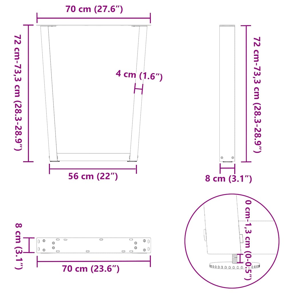 Pieds de table à manger en V 3 pièces anthracite 70x(72-73,3) cm acier