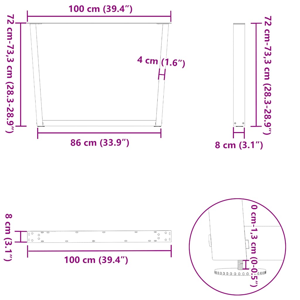 Pieds de table à manger en V 3 pièces anthracite 100x(72-73,3) cm acier