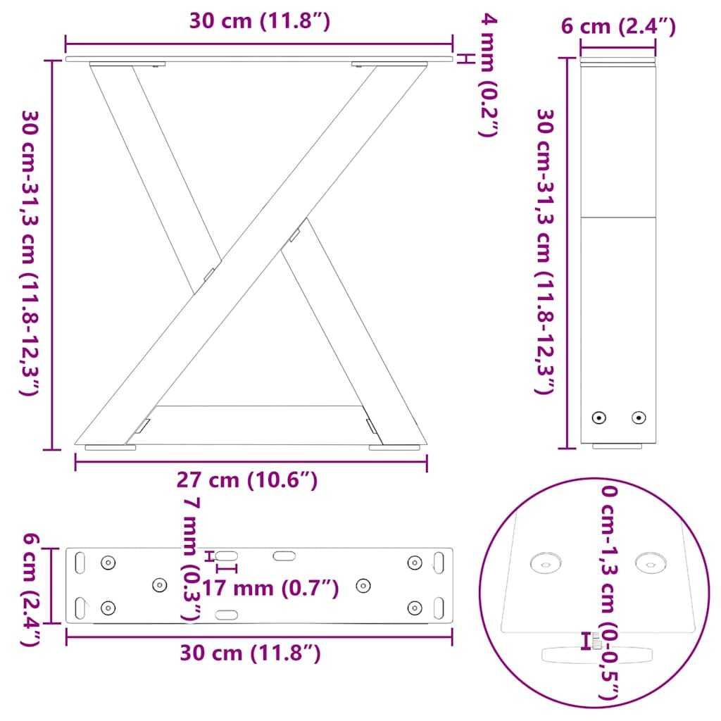 Pieds de table basse (2 pièces) en acier blanc, 30 x 30-31,3 cm
