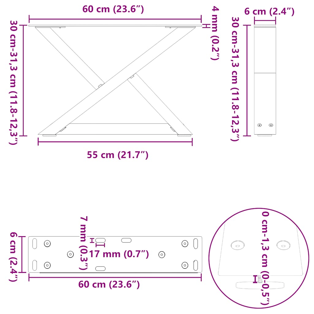 Pieds de table basse (2 pièces) en acier blanc, 60 x 30-31,3 cm