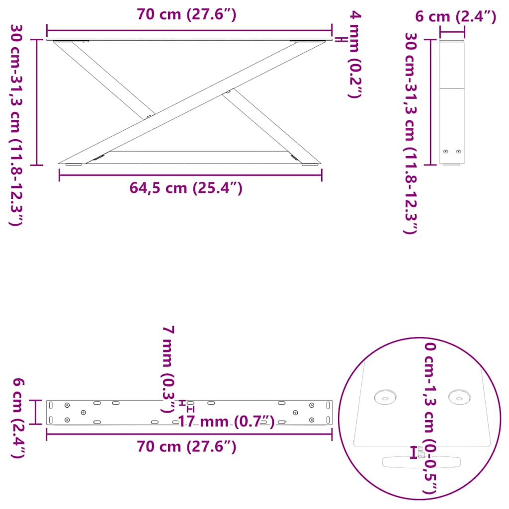 Pieds de table basse (2 pièces) en acier noir, 70 x 30-31,3 cm