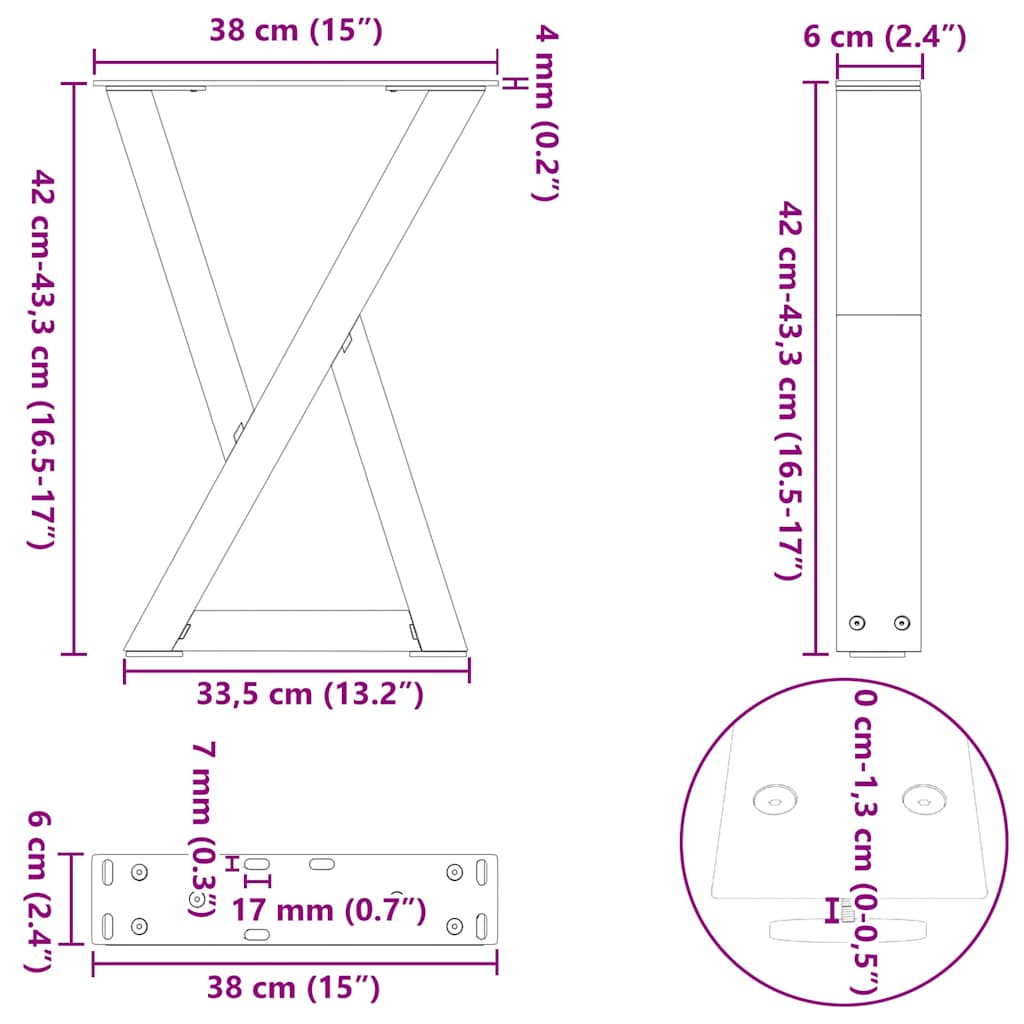 Pieds de table basse (2 pièces) en acier blanc, 38 x 42-43,3 cm