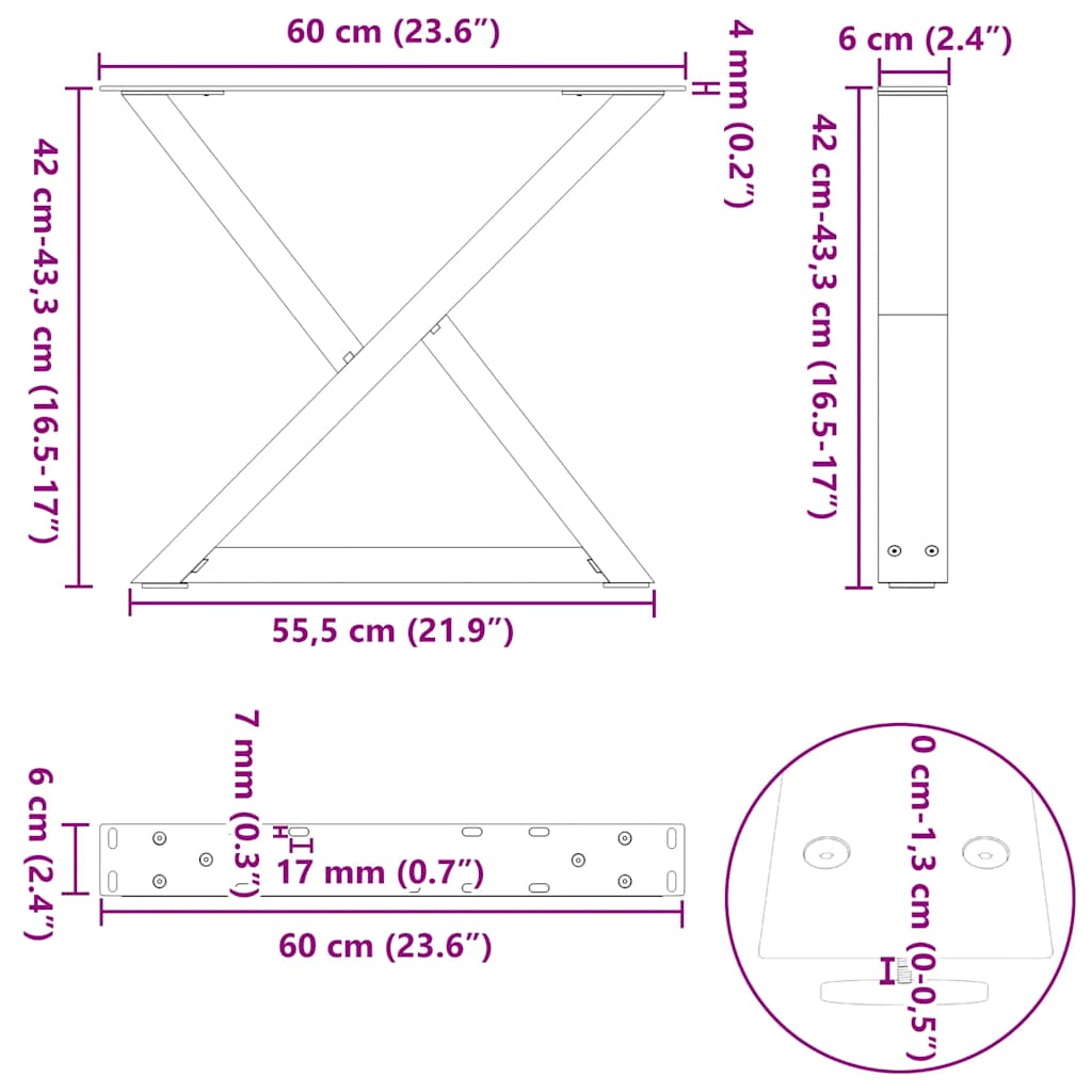 Pieds de table basse (2 pièces) en acier noir, 60 x 42-43,3 cm