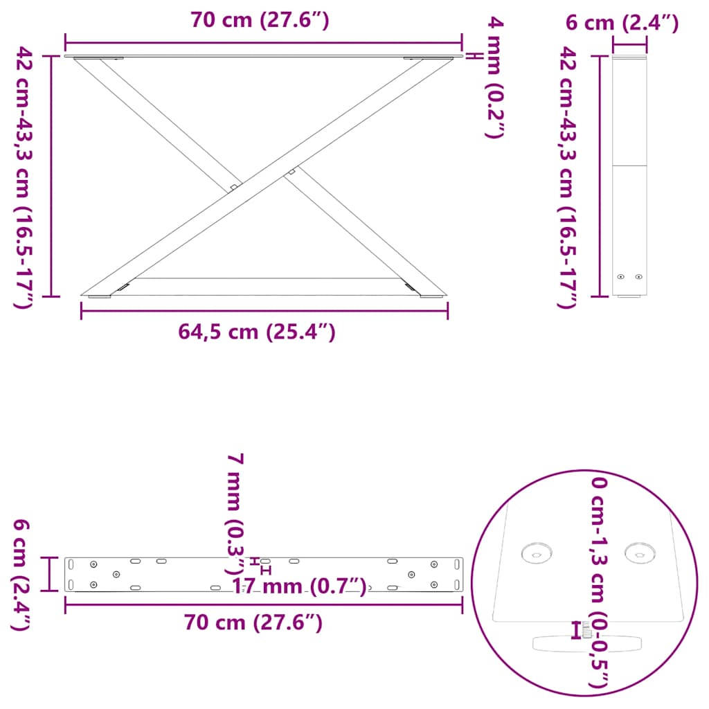 Pieds de table basse (2 pièces) en acier noir, 70 x 42-43,3 cm