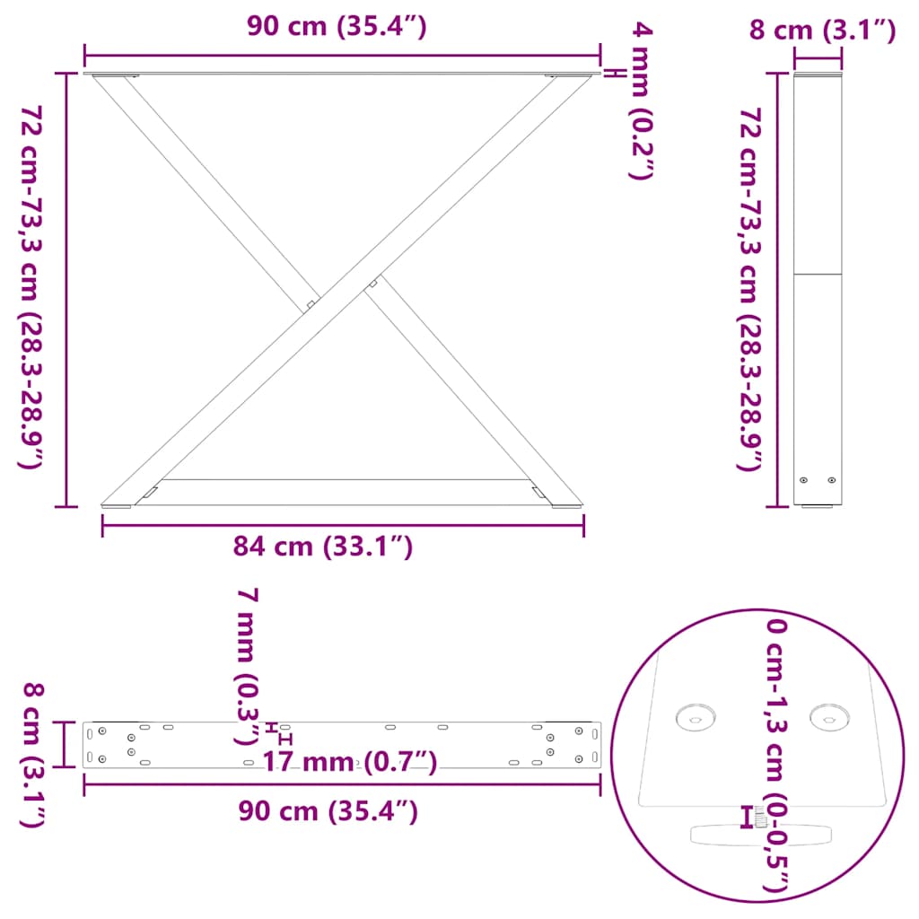 Pieds de table à manger 2 pièces noir 90x(72-73,3) cm acier