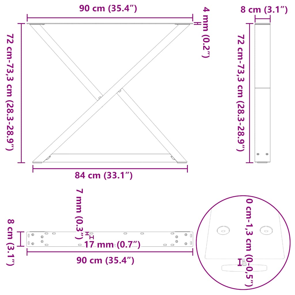 Pieds de table à manger 2 pièces en acier naturel 90x(72-73,3) cm acier