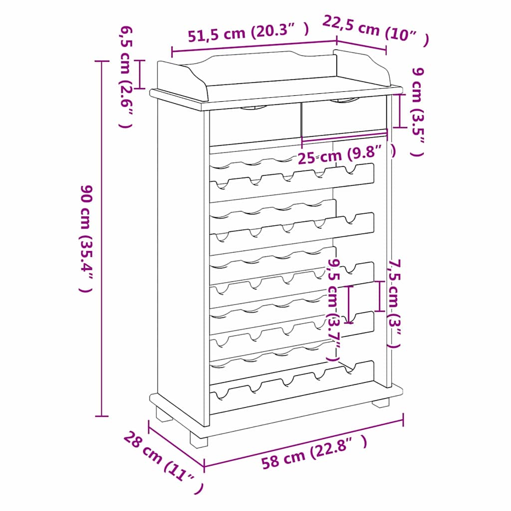 Weinregal Natur 58 x 28 x 90 cm Massives Kiefernholz