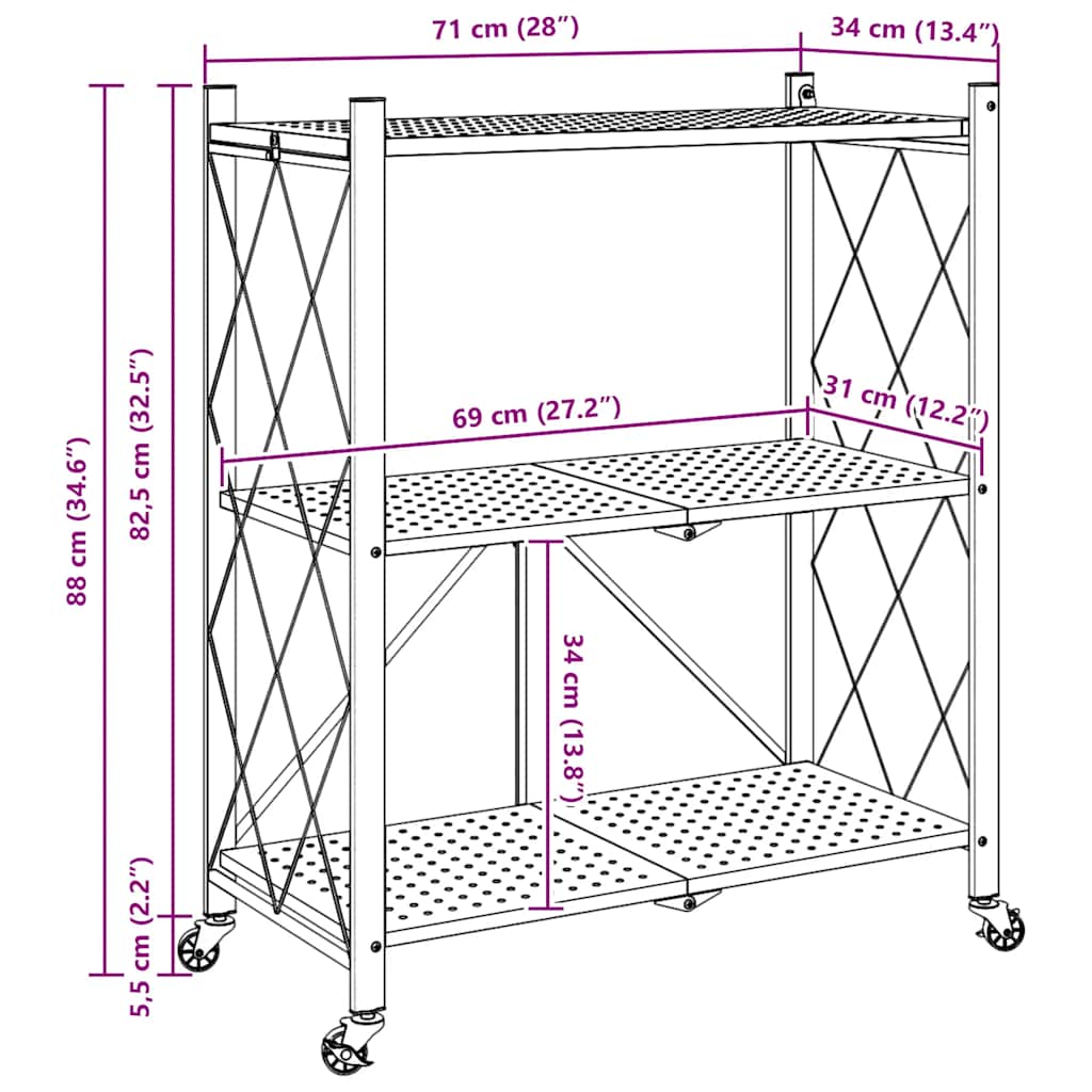 Storage shelf with wheels black 71x34x88 cm steel
