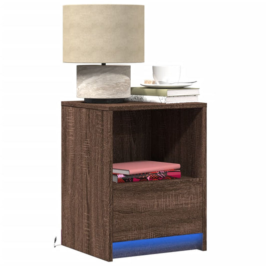 Bedside table with LED lights Brown oak look wood material