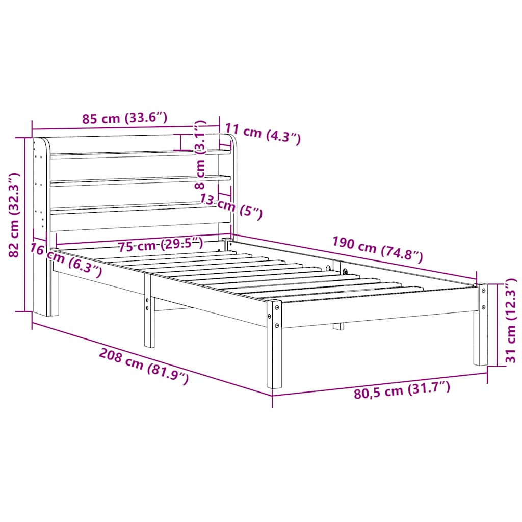Massivholzbett ohne Matratze 75x190 cm Kiefernholz