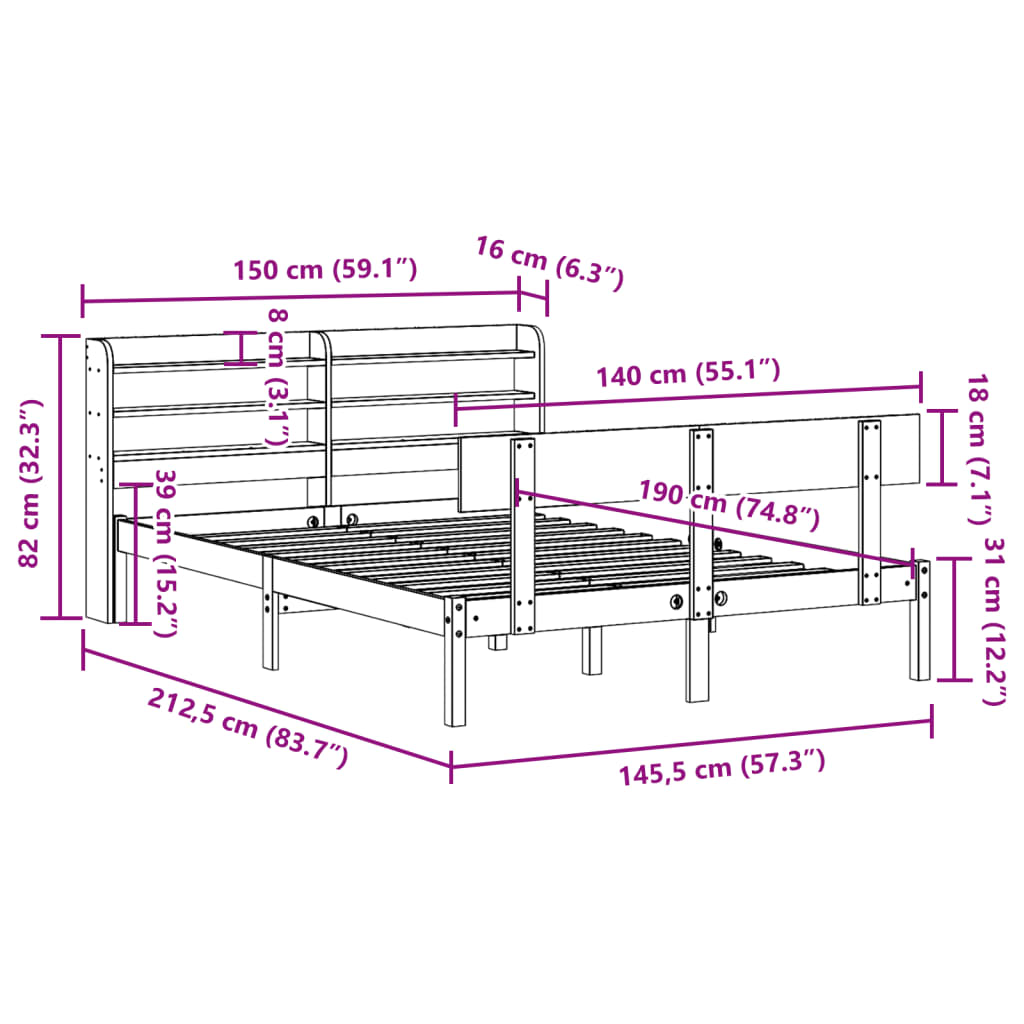 Massivholzbett ohne Matratze Weiß 140x190 cm Kiefernholz
