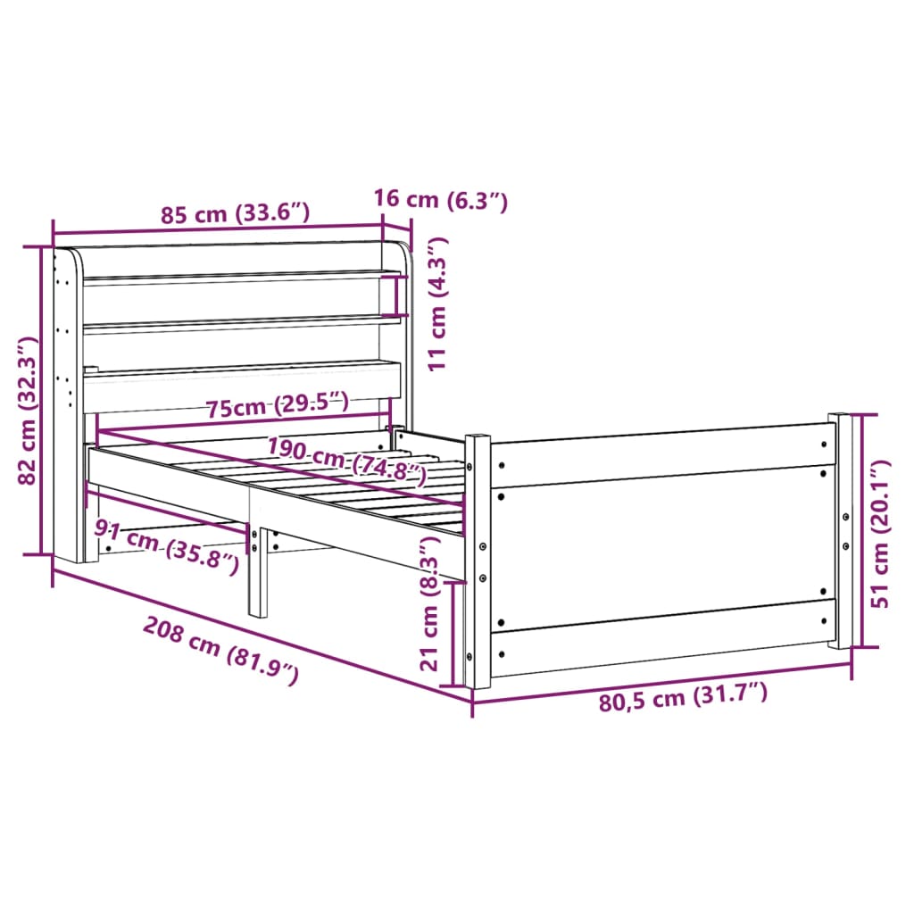 Bettgestell mit Kopfteil ohne Matratze 75x190 cm