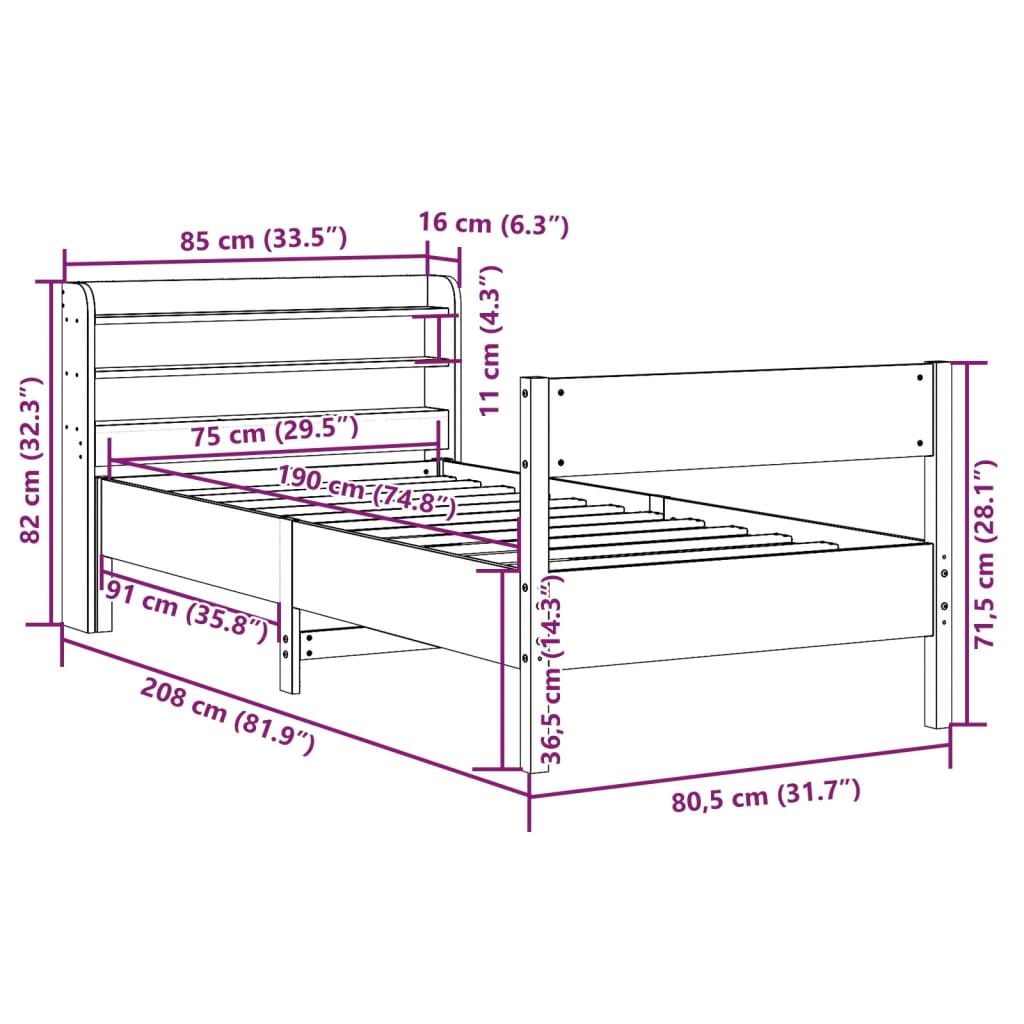 Massivholzbett ohne Matratze 75x190 cm Kiefernholz