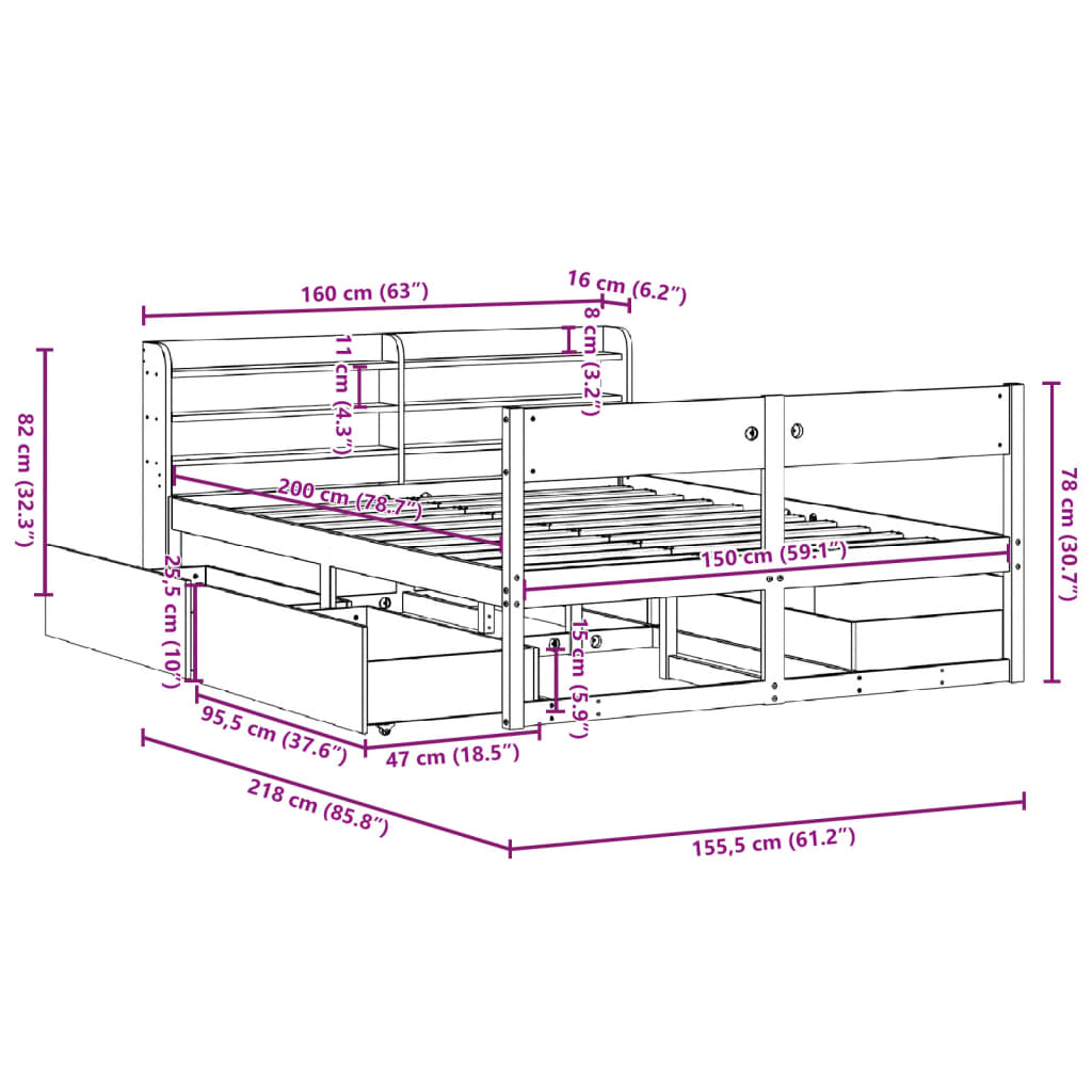 Massivholzbett ohne Matratze 150x200 cm Kiefernholz