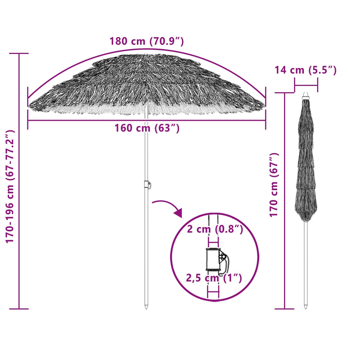 Strandparasol Natur 160 x 160 x 196 cm Polyester und Stahl