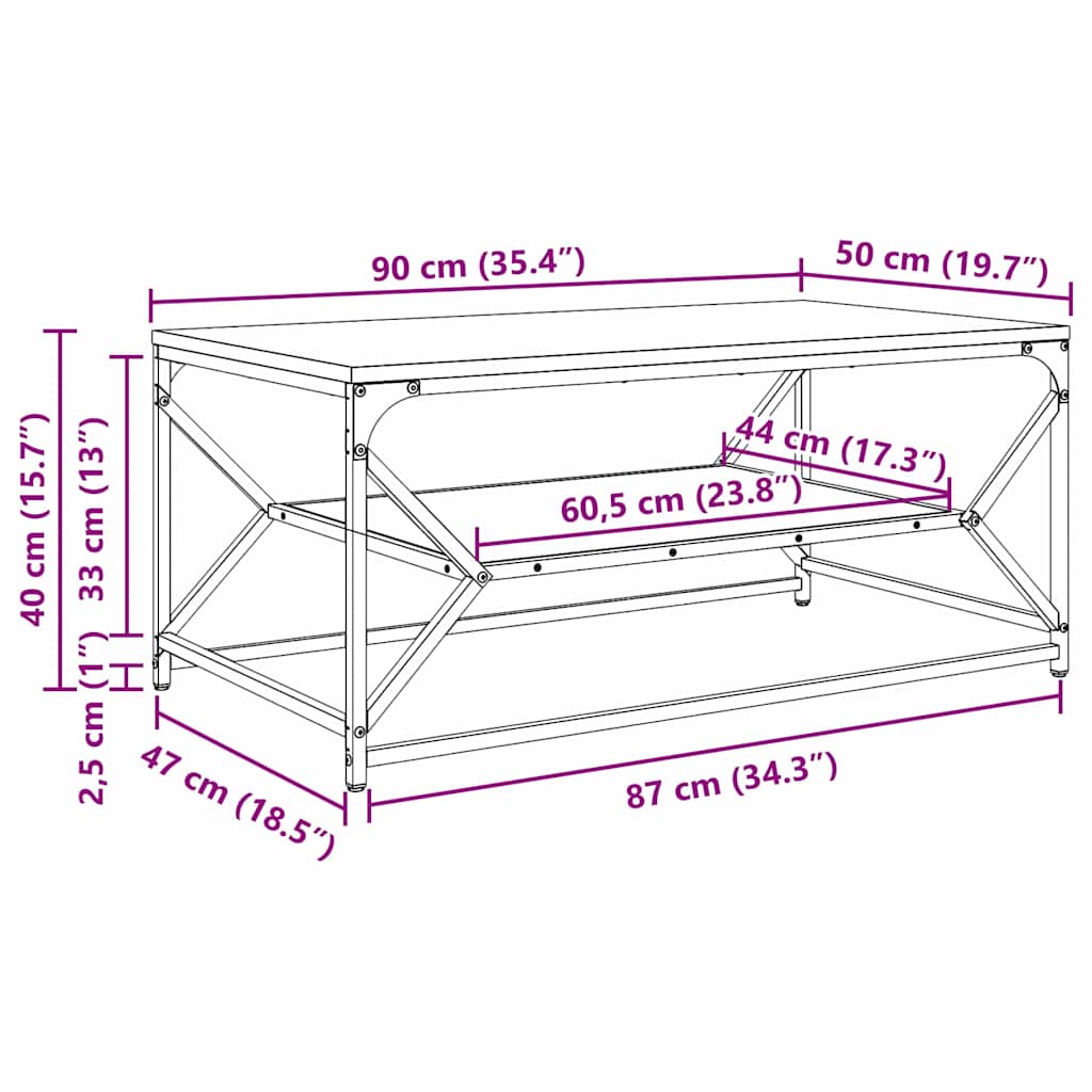 Couchtisch Grau Sonoma 90 x 50 x 40 cm Ingenieurholz und Stahl