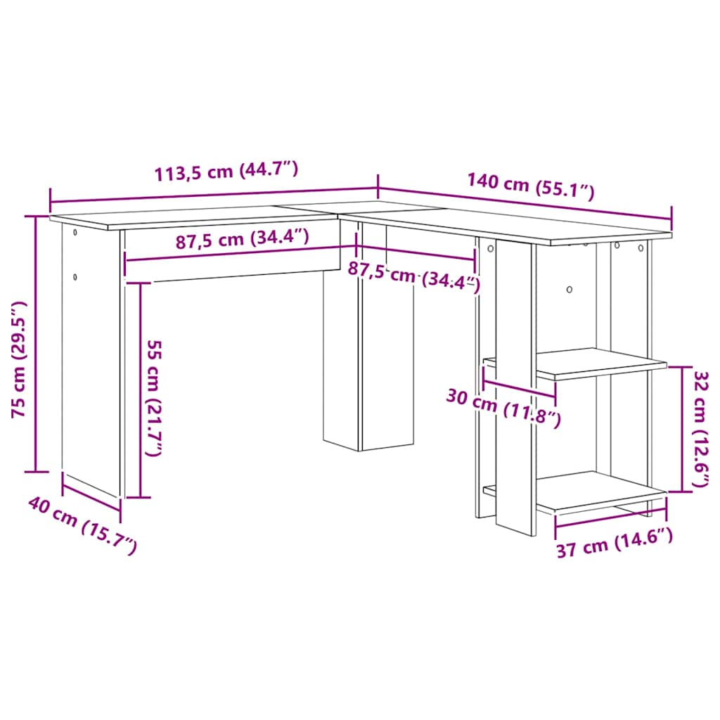Eckschreibtisch mit Stauraum Graues Sonoma 140 x 113,5 x 75 cm