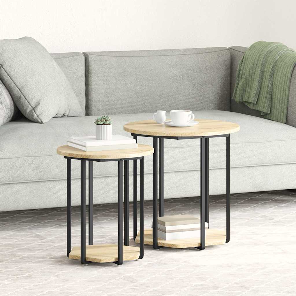 Beistelltisch-Set mit Regal 2 pcs Sonoma-Eiche und Schwarz