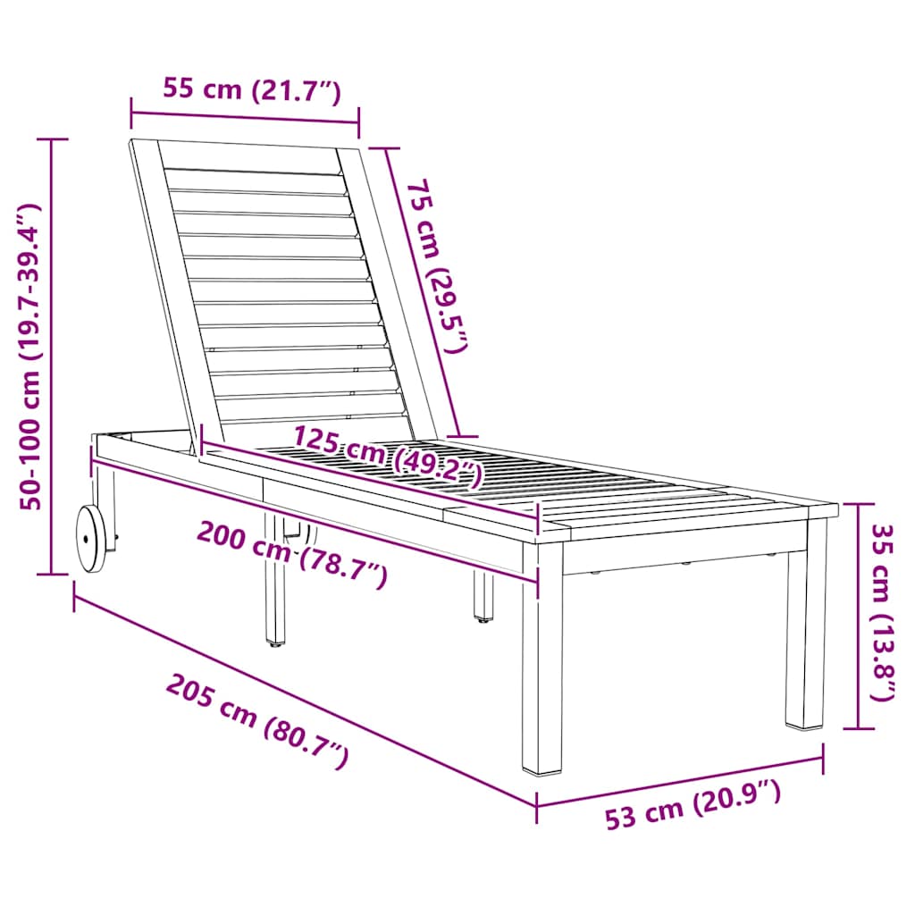 Sonnenliege 1-Person Braun 207 x 58 x 35cm Massivholz Akazie