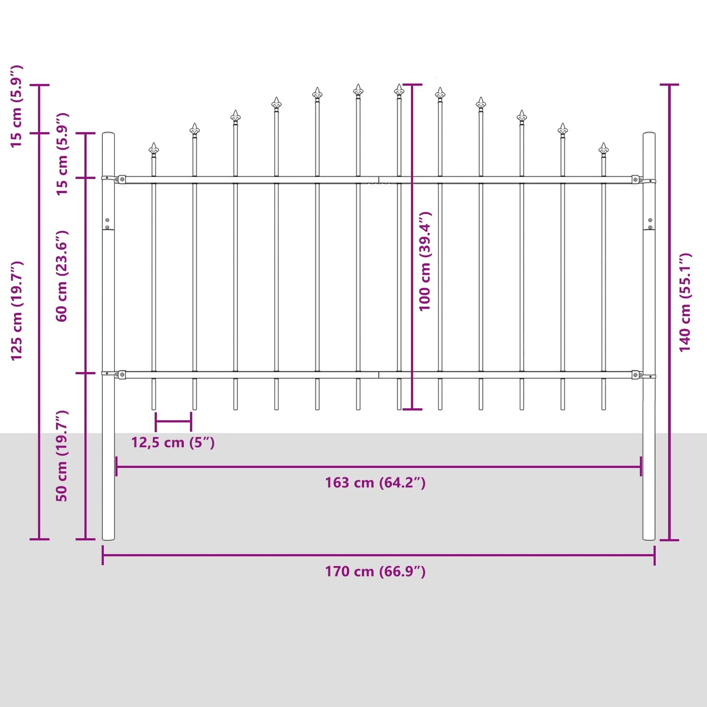 Gartenzaun WOERDEN 170 x 140 cm Pulverbeschichteter Stahl Grau